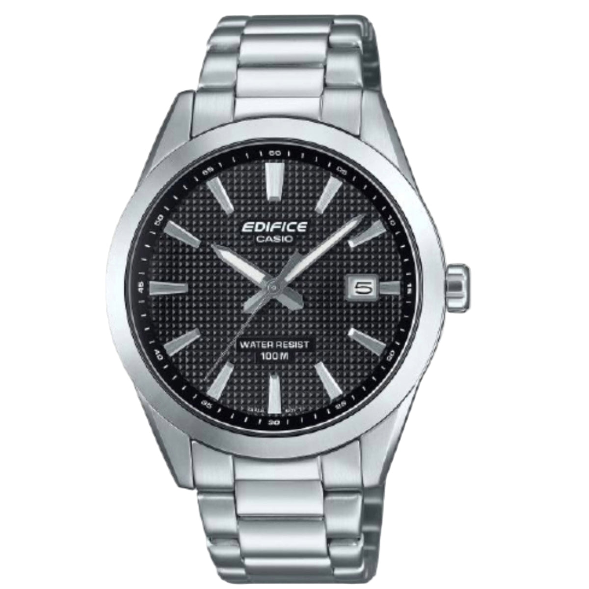Casio Edifice watch with black dial and silver metal strap on a light gray background