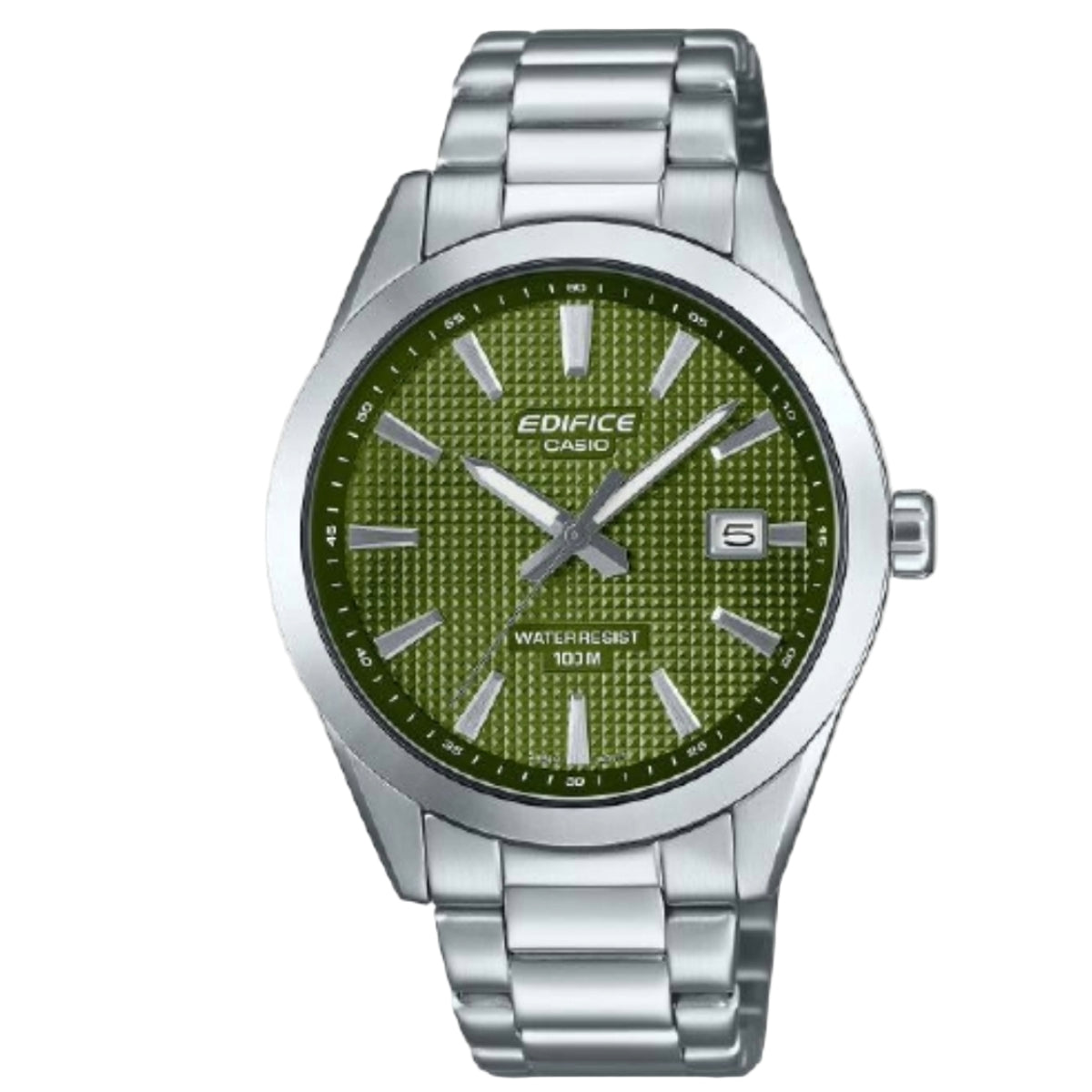 Edifice Casio watch with green face and silver metal strap on a white background