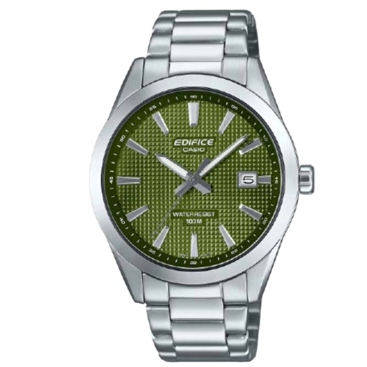Edifice Casio watch with green face and silver metal strap on a white background