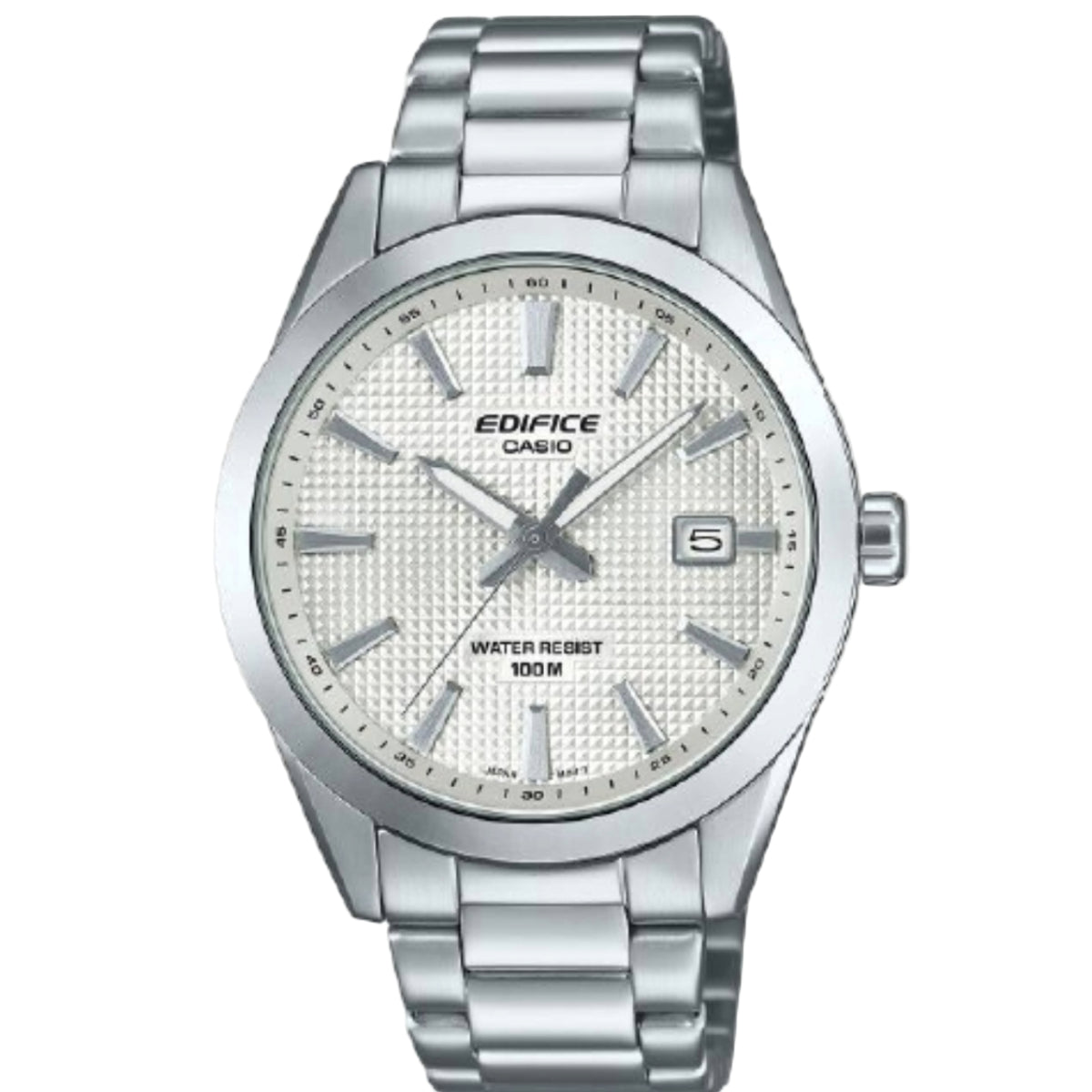 Silver Casio Edifice watch on a light gray background