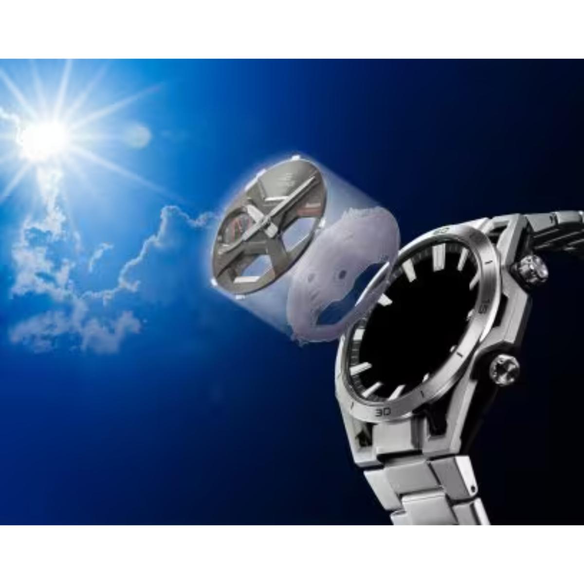 Silver watch with a clear protective film on a blue sky background