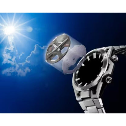 Silver watch with a clear protective film on a blue sky background