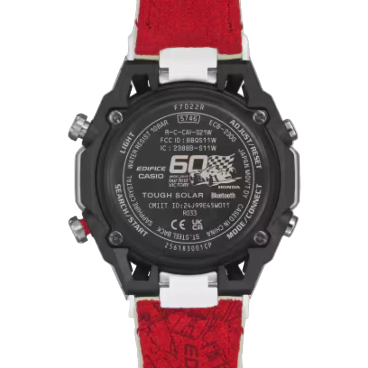 Casio Edifice watch with red strap on gray background