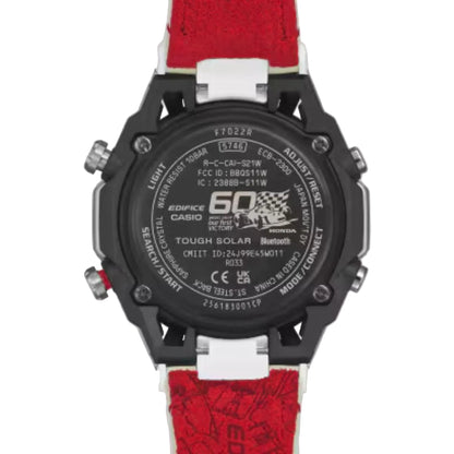 Casio Edifice watch with red strap on gray background