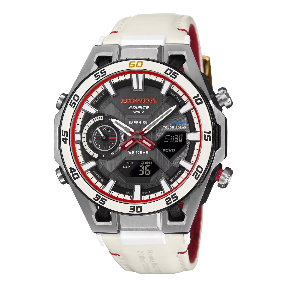 Honda Casio watch with white strap on a white background