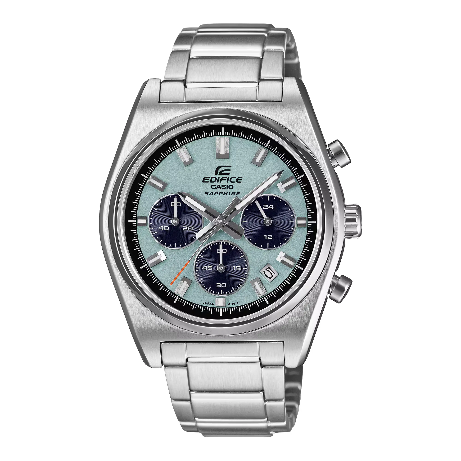 Silver Casio Edifice watch with a blue face on a white background