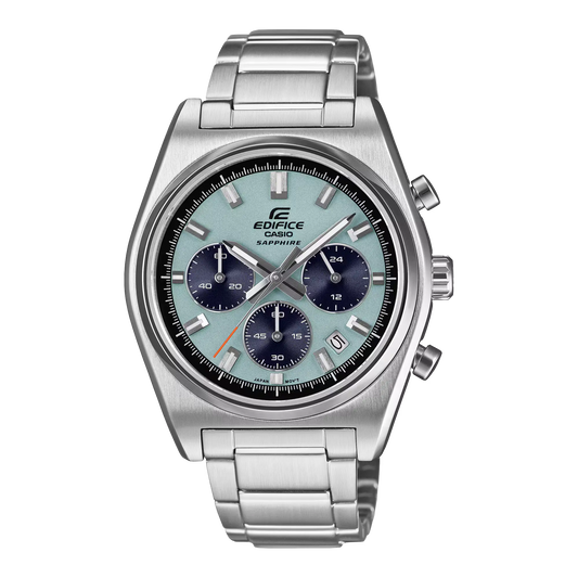 Silver Casio Edifice watch with a blue face on a white background