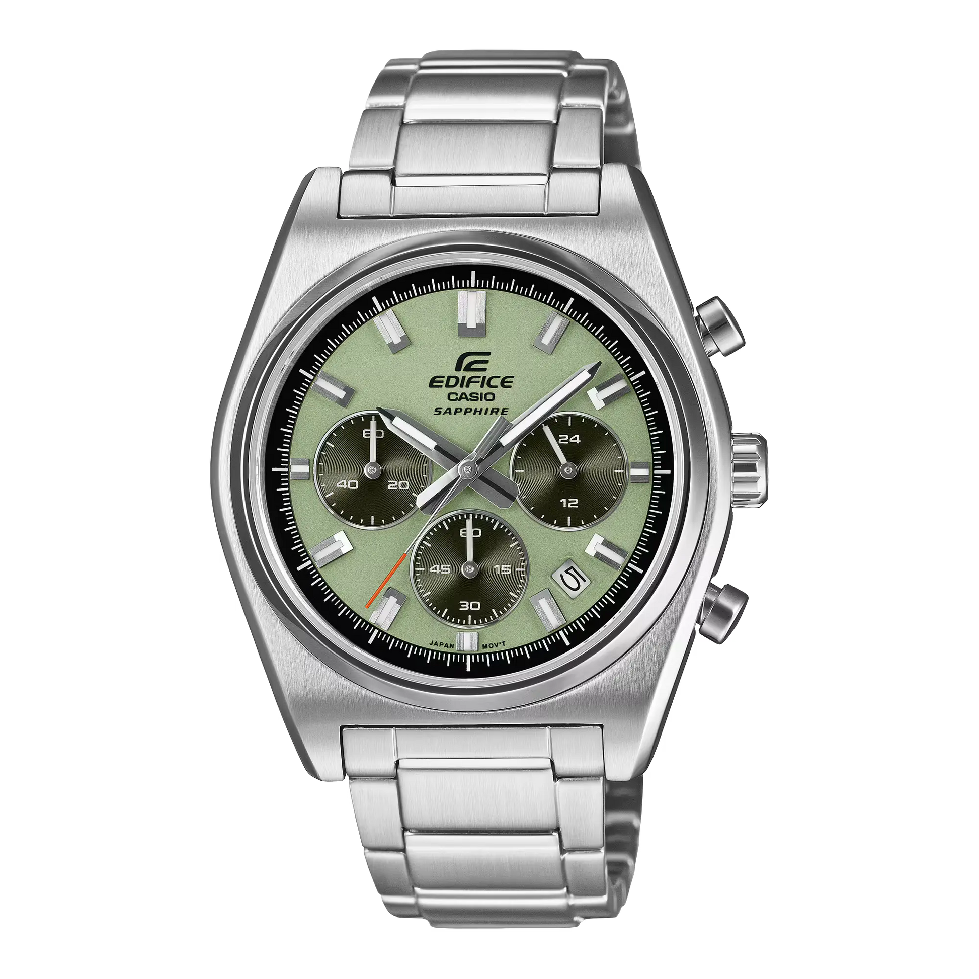 Casio Edifice watch with silver metal band and green dial on a white background