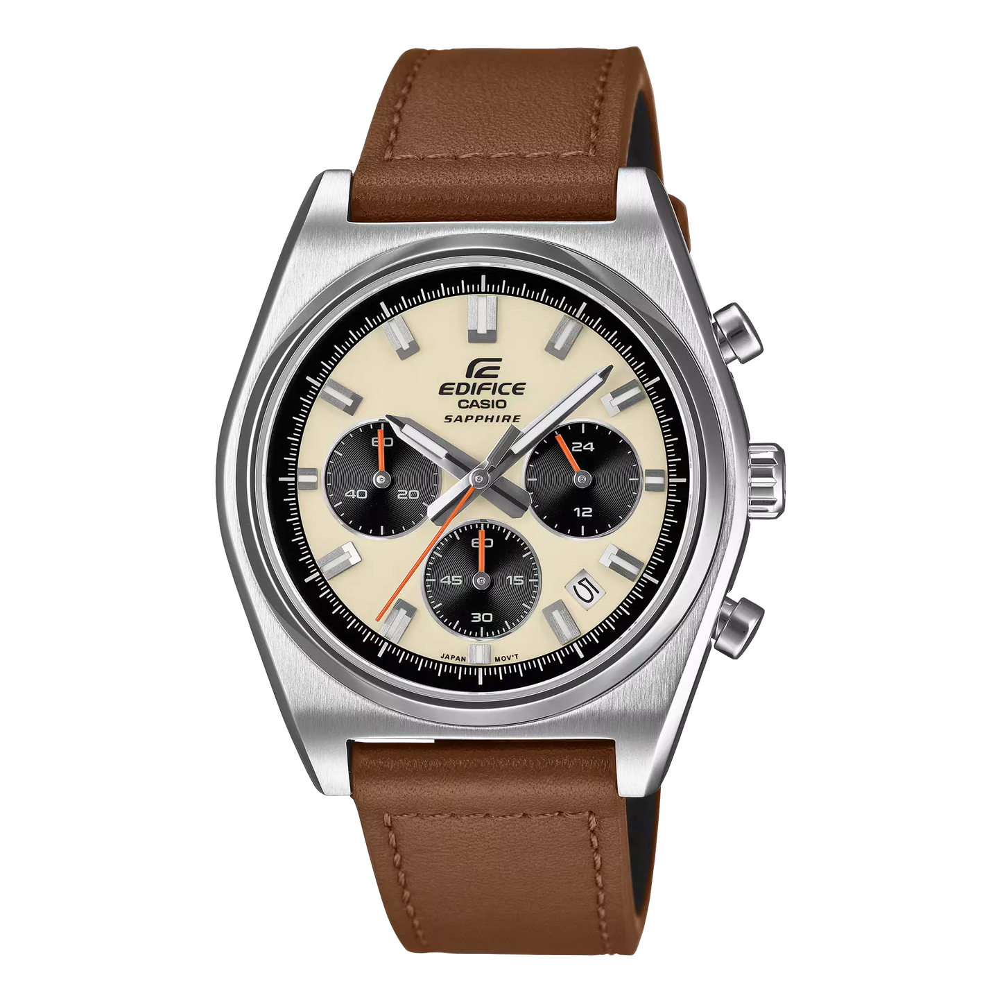 Casio Edifice watch with brown leather strap on a white background