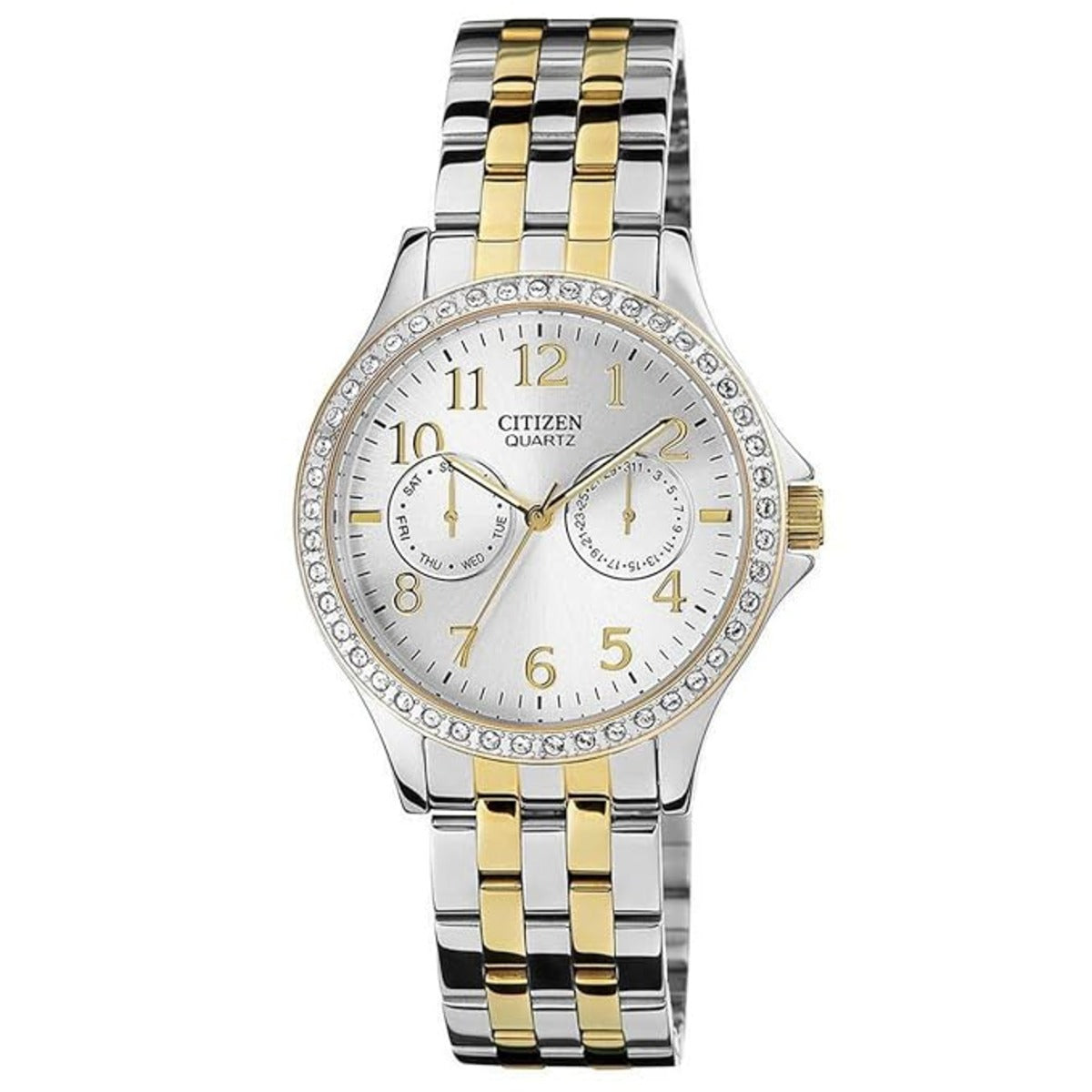 Two-tone Citizen watch with silver and gold band on a white background