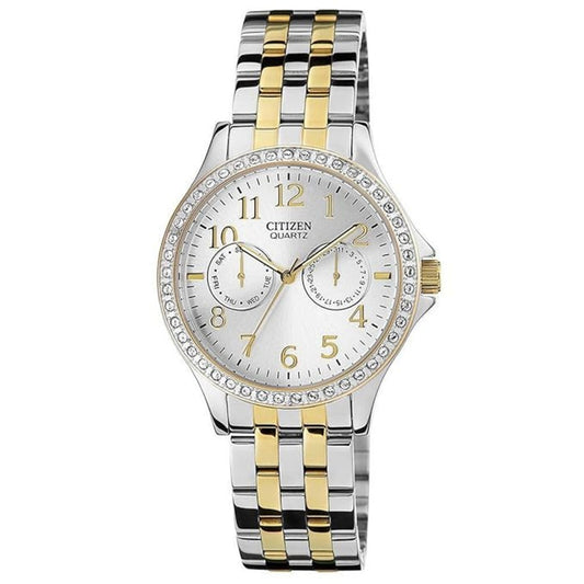 Two-tone Citizen watch with silver and gold band on a white background
