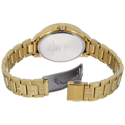 Gold watch with metal band on a white background