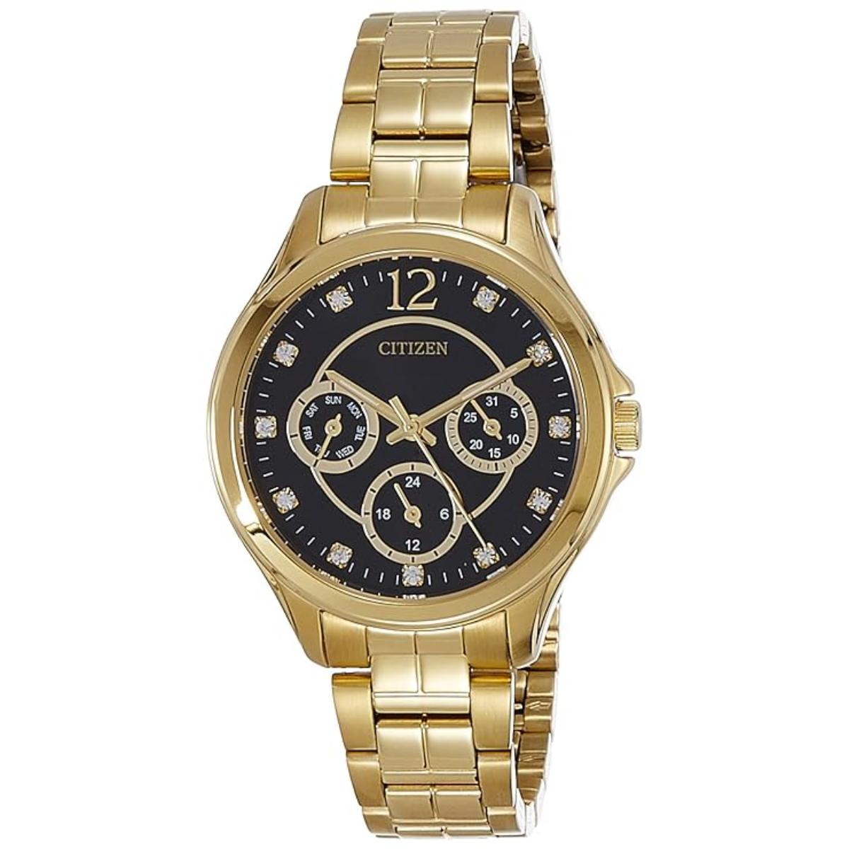 Gold wristwatch with a black dial on a white background