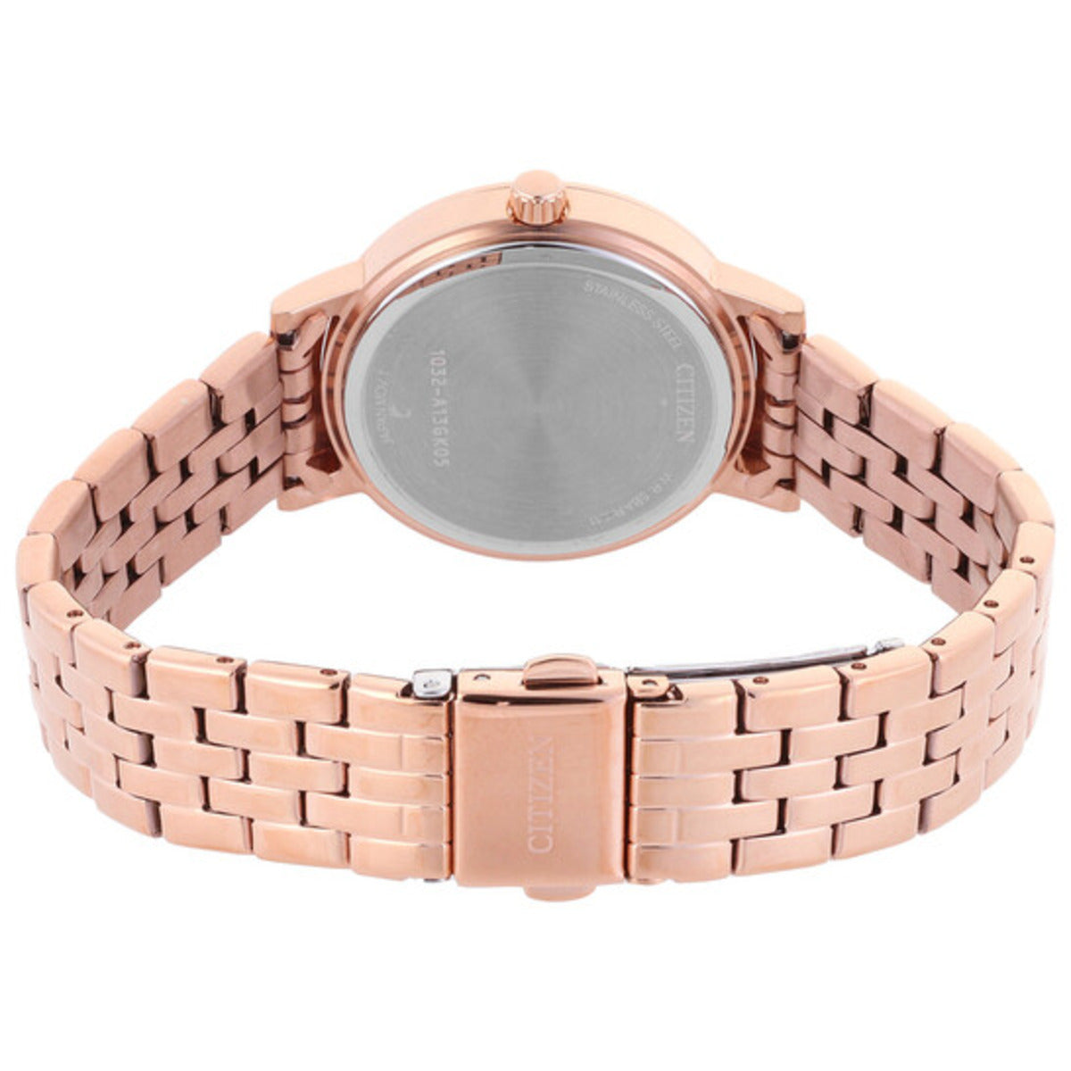 Rose gold watch with metal bracelet on a white background