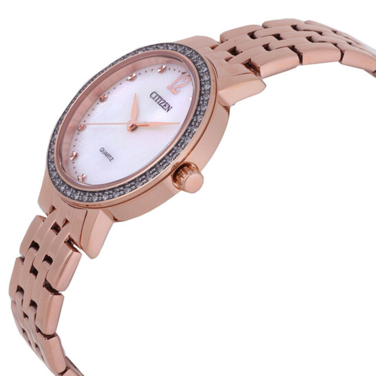 Rose gold watch with diamond-studded bezel on a white background