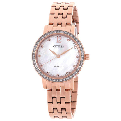 Rose gold watch with a white face on a white background