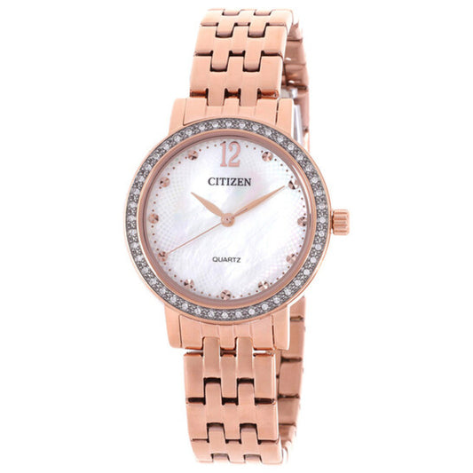 Rose gold watch with a white face on a white background