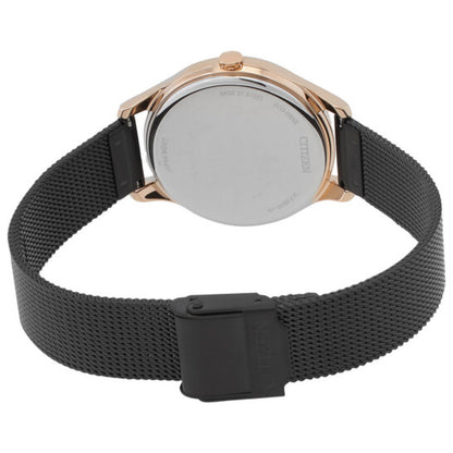 Watch with black mesh strap and rose gold case on a white background