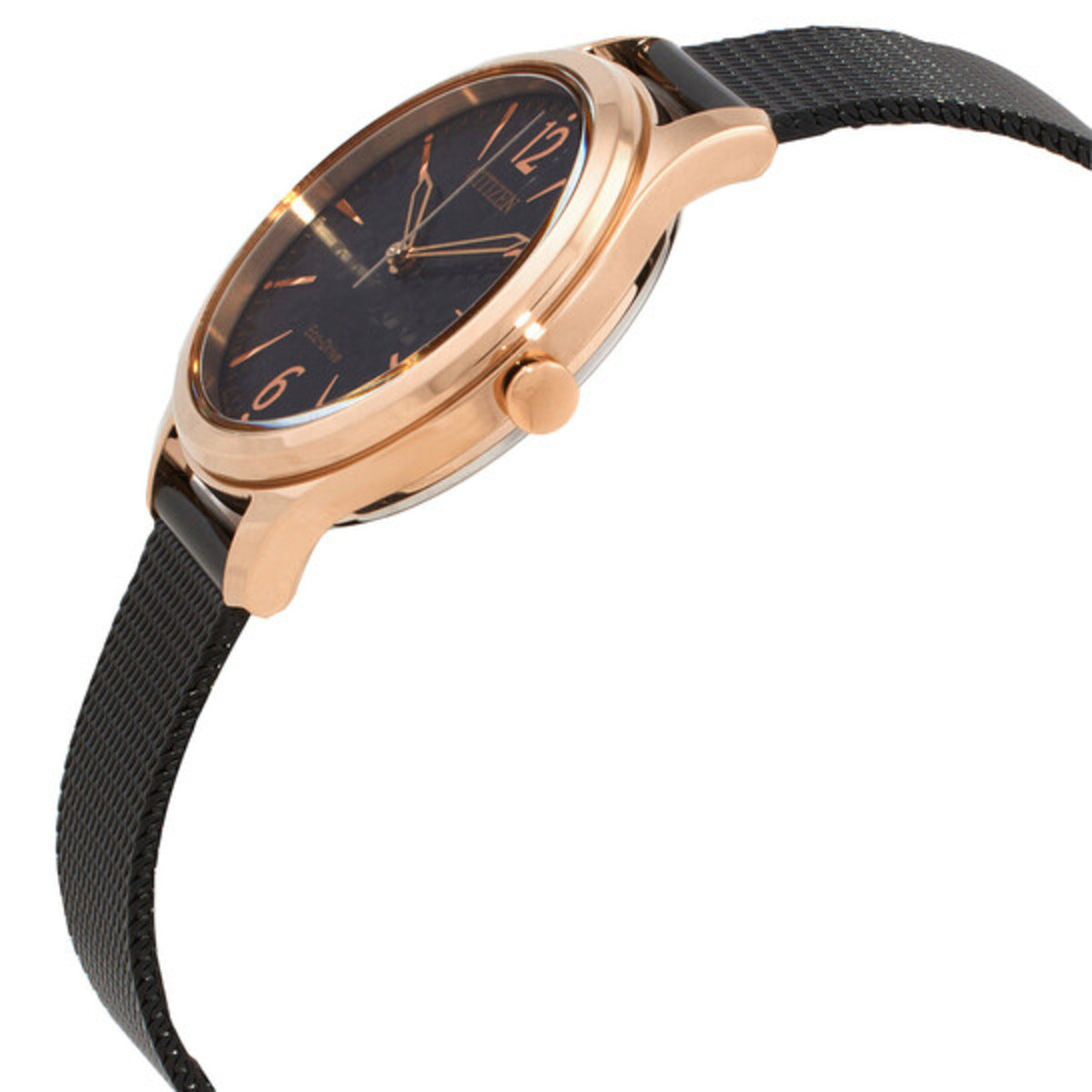 Wristwatch with rose gold case and black strap on white background