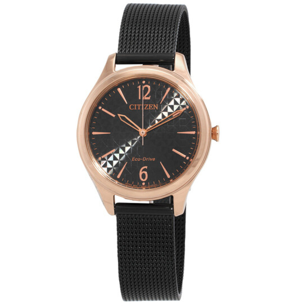 Citizen watch with black face and mesh band on a white background