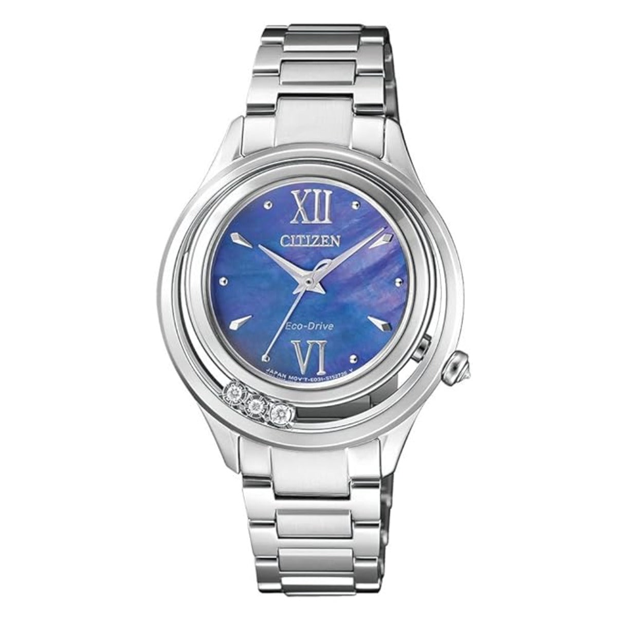Silver watch with a blue face on a white background