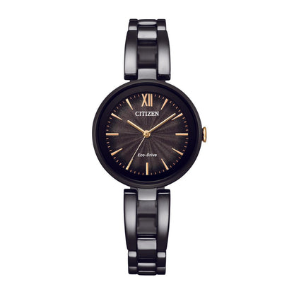 Citizen watch with black and silver band on a white background