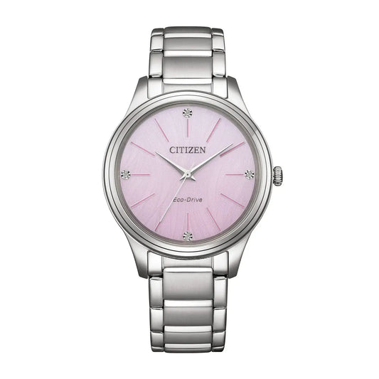 Silver watch with a pink face on a white background
