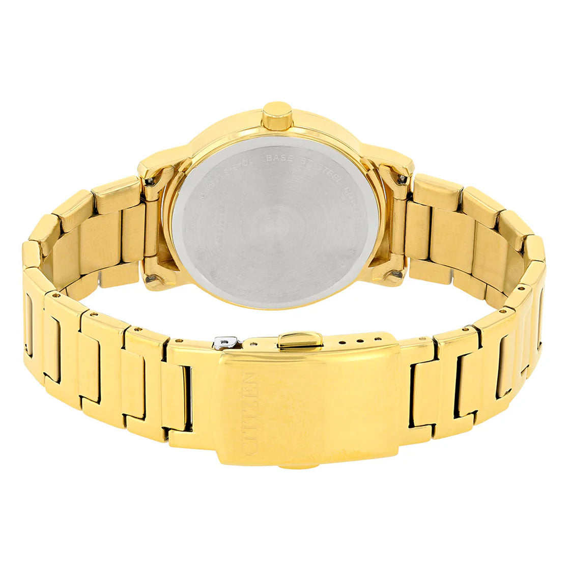 Gold wristwatch with a metal band on a white background