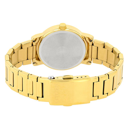 Gold wristwatch with a metal band on a white background