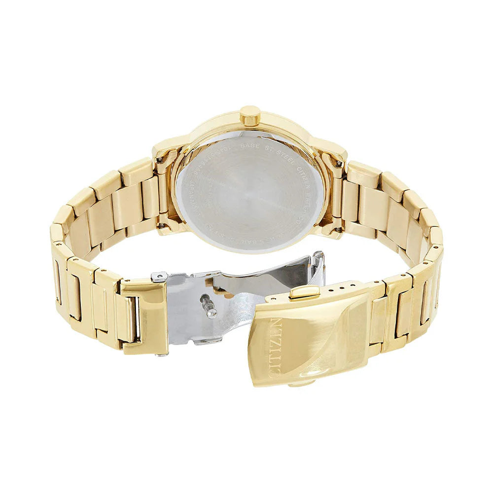 Gold watch with metal band on a white background