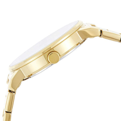 Gold watch with a white face on a white background