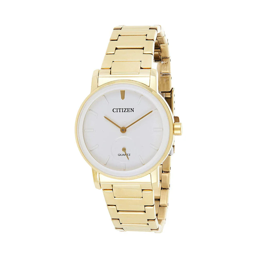 Gold wristwatch with white face on a white background, featuring the Citizen brand.