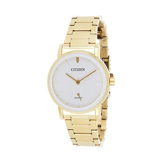Gold wristwatch with white face on a white background, featuring the Citizen brand.