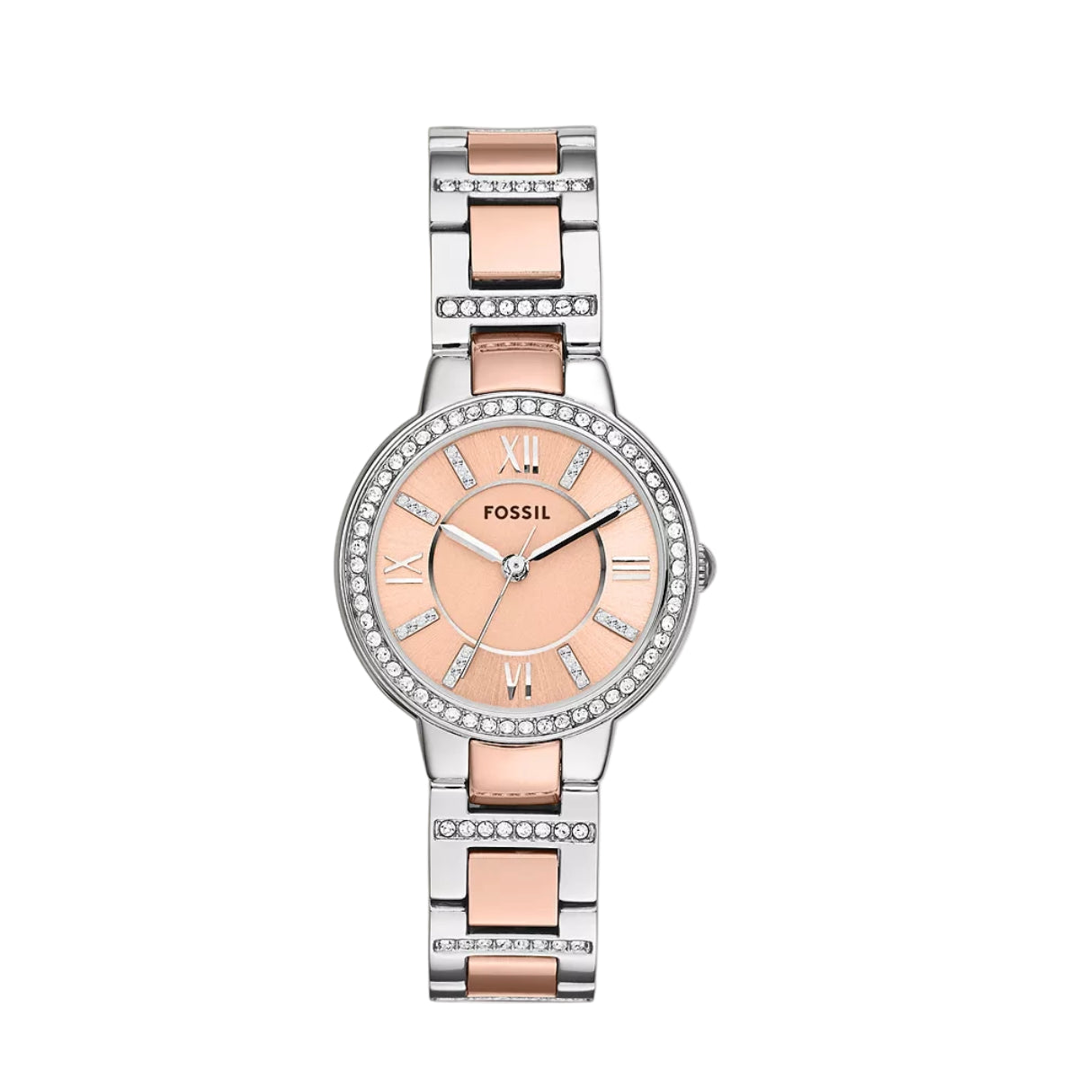 Fossil watch with rose gold and silver band on a white background
