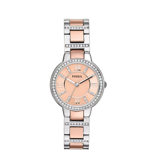 Fossil watch with rose gold and silver band on a white background