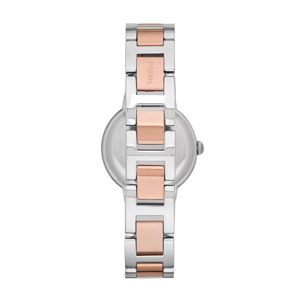 Watch with silver and rose gold band on a white background
