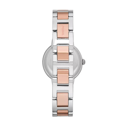 Watch with silver and rose gold band on a white background