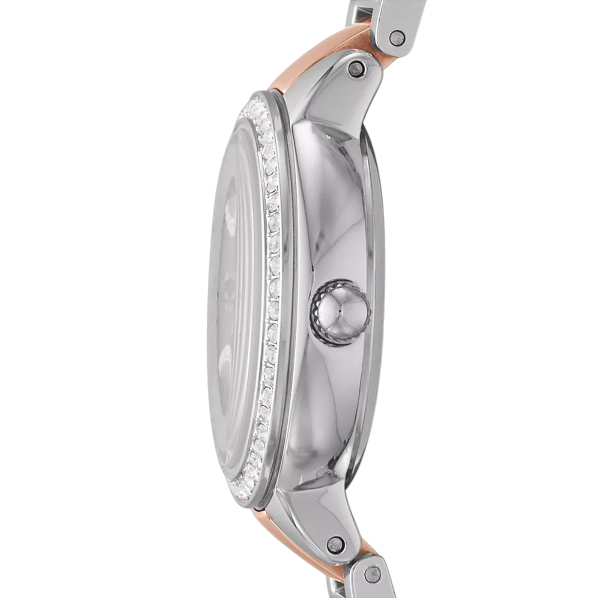 Close-up of a silver watch with rose gold accents on a white background