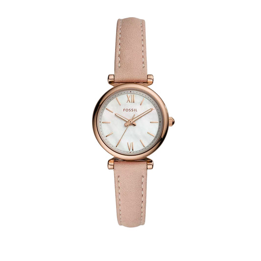 Fossil Carlie Quartz White Mother Of Pearl Dial Analog Leather Strap Women Watch ES4699