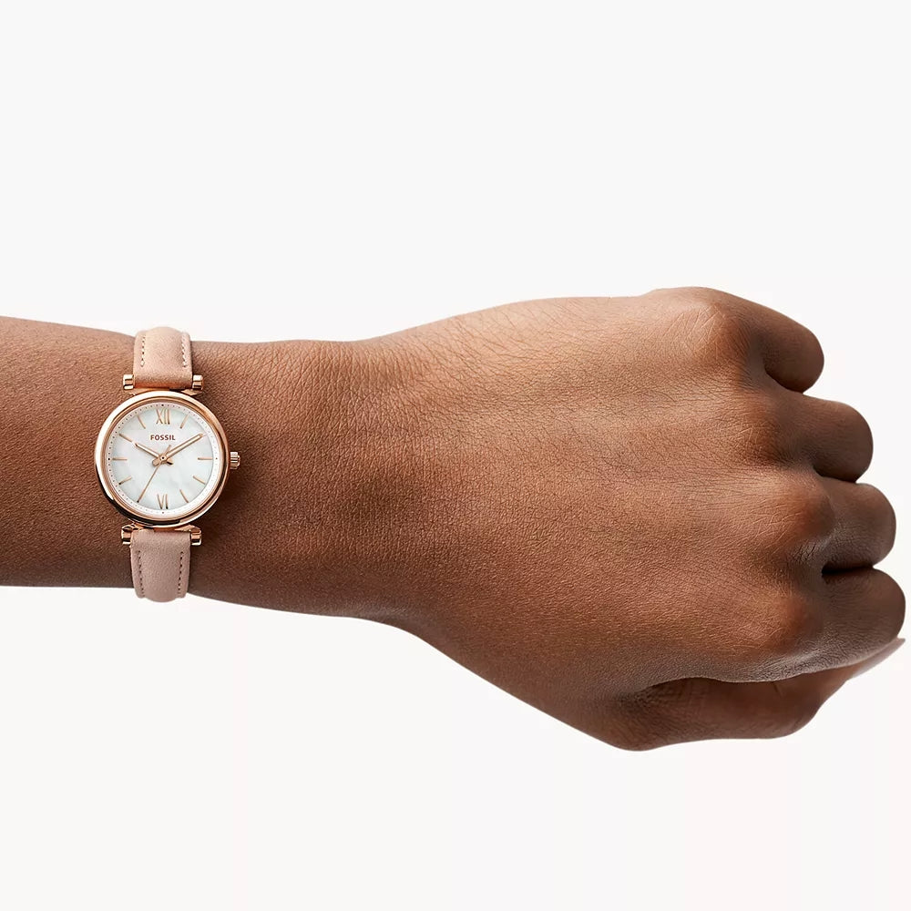 Fossil Carlie Quartz White Mother Of Pearl Dial Analog Leather Strap Women Watch ES4699