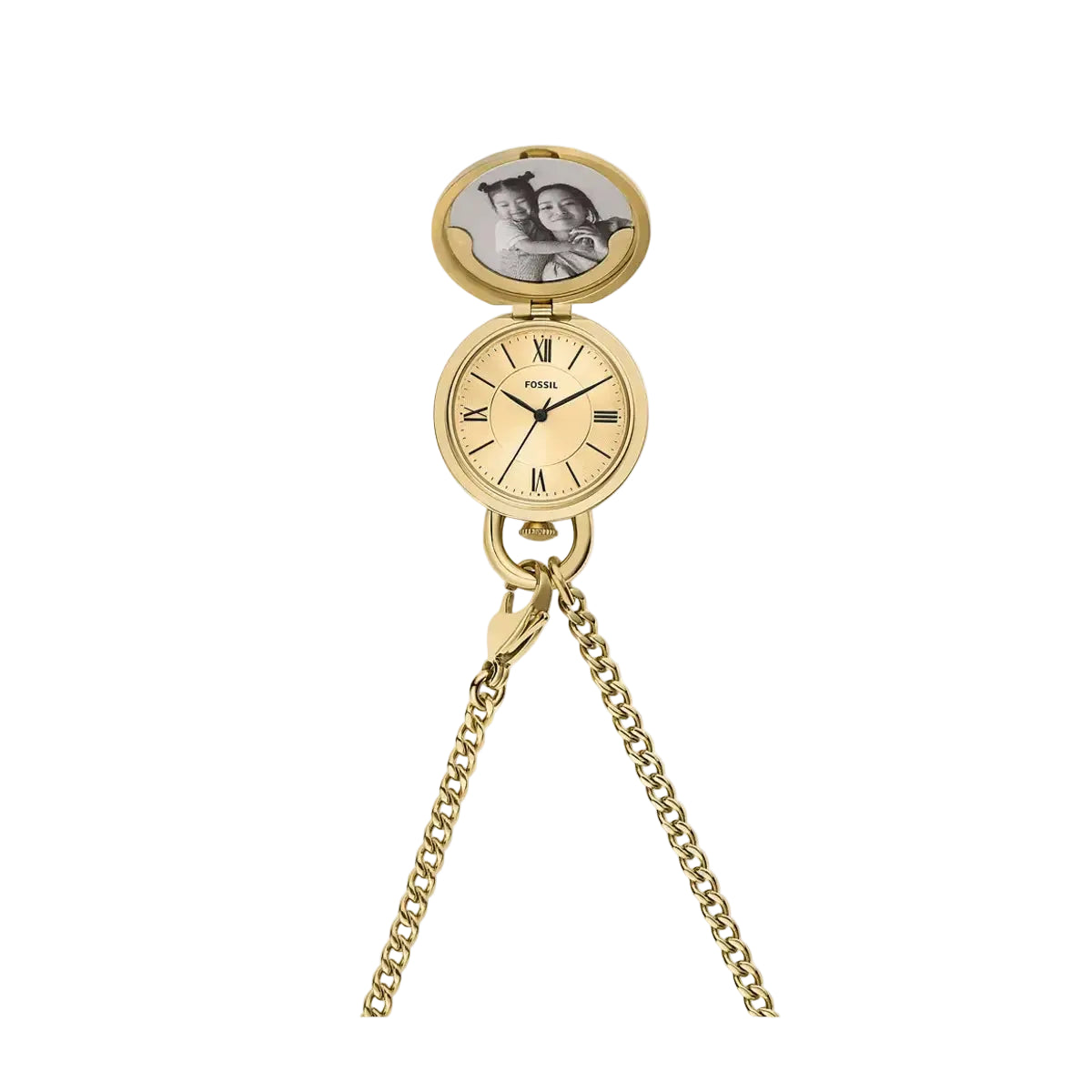 Gold pocket watch with chain and photo compartment on a white background