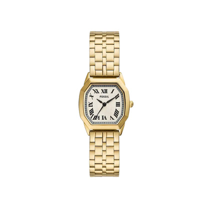 Gold wristwatch with a white face on a light gray background