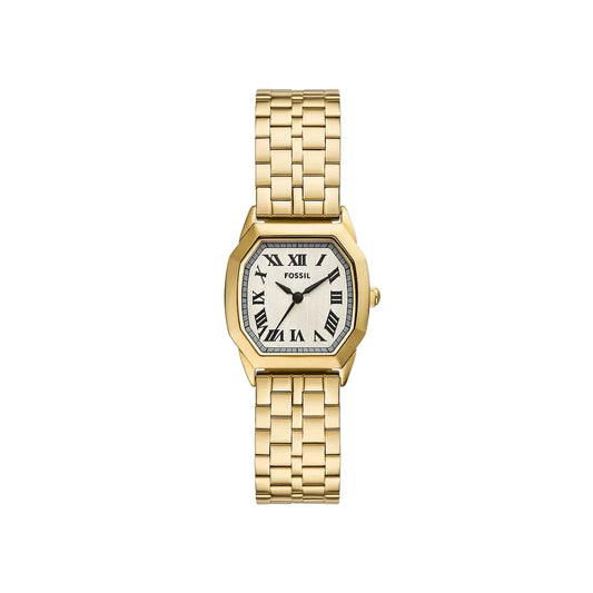 Gold wristwatch with a white face on a light gray background