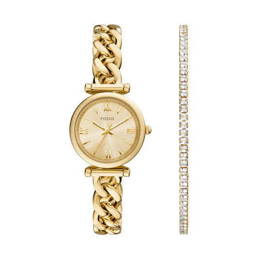 Fossil Carlie Gold Round Dial Analog Women Watch With Bracelet Set ES5387SET