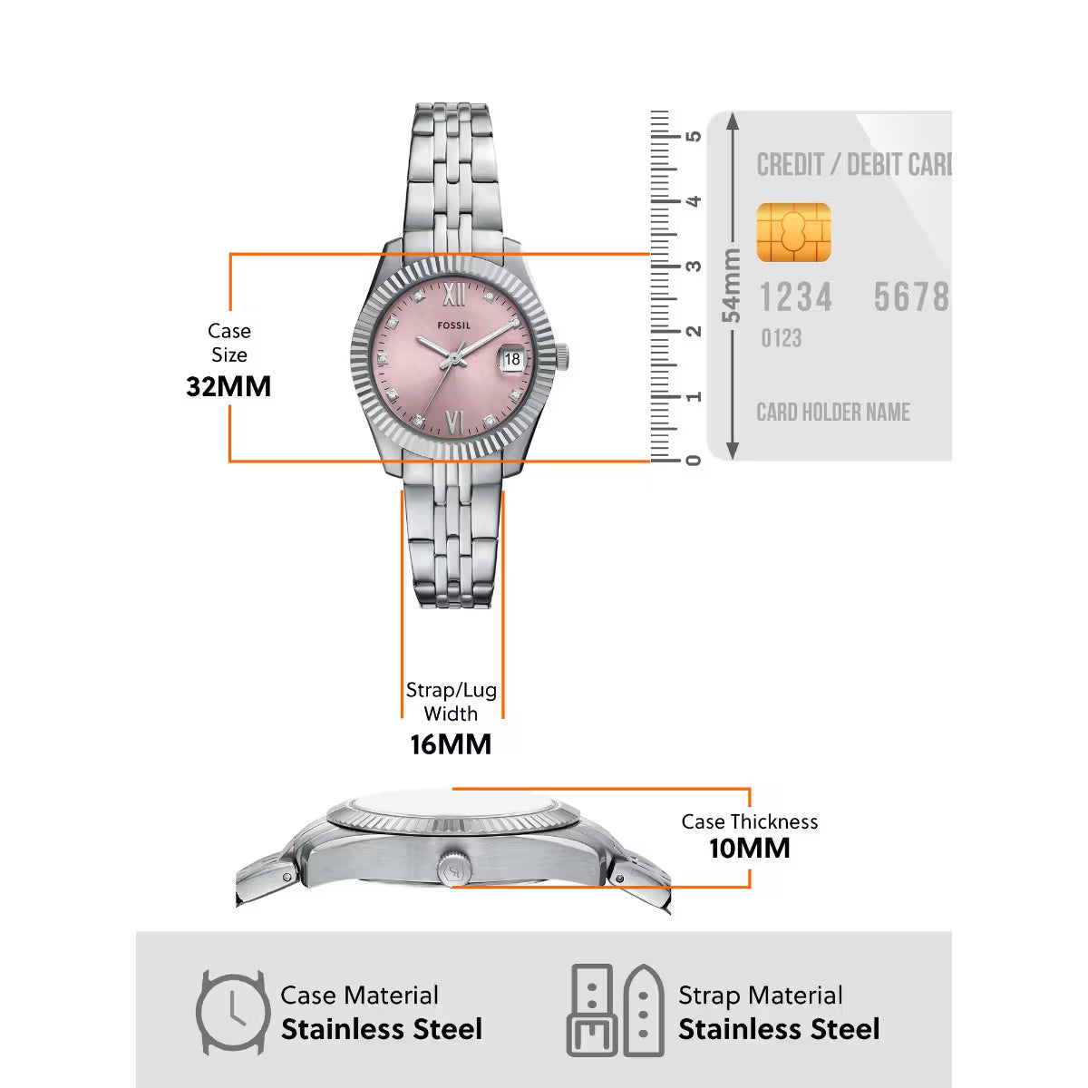 Fossil Scarlette Quartz Three-Hand With Date Stainless Steel Women Watch ES5403