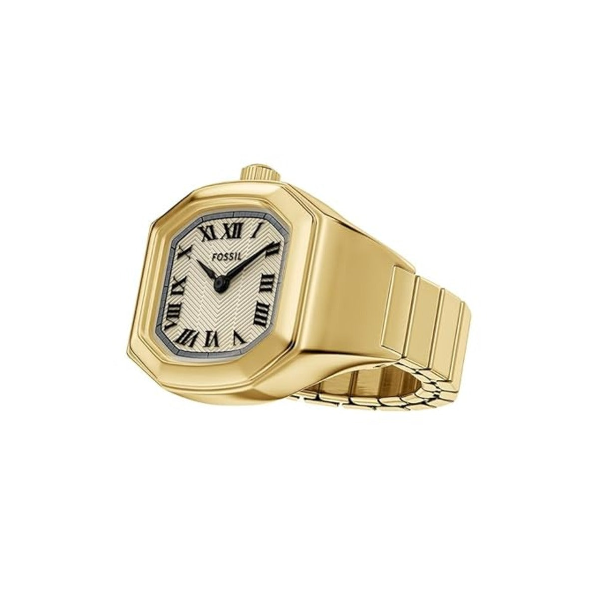 Gold ring with a watch face featuring Roman numerals on a white background