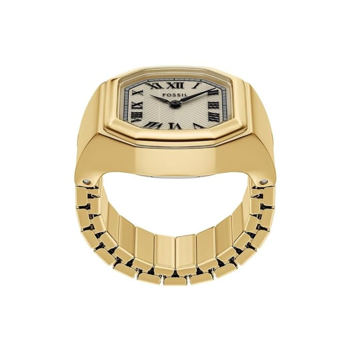 Gold ring with a watch face on a white background