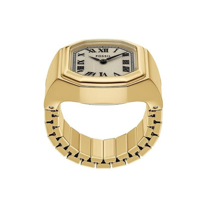 Gold ring with a watch face on a white background