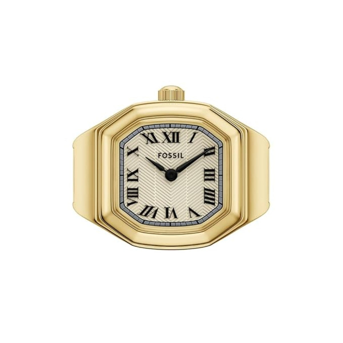 Gold Fossil watch with white face and black hands on a white background
