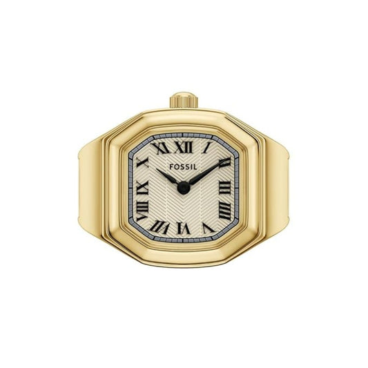 Gold Fossil watch with white face and black hands on a white background